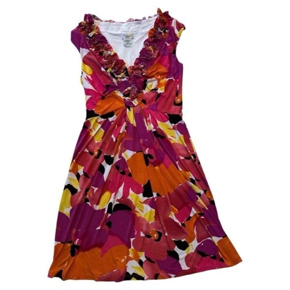 Maggy L, size large, Vibrant Floral Dress with Ruffled Neckline